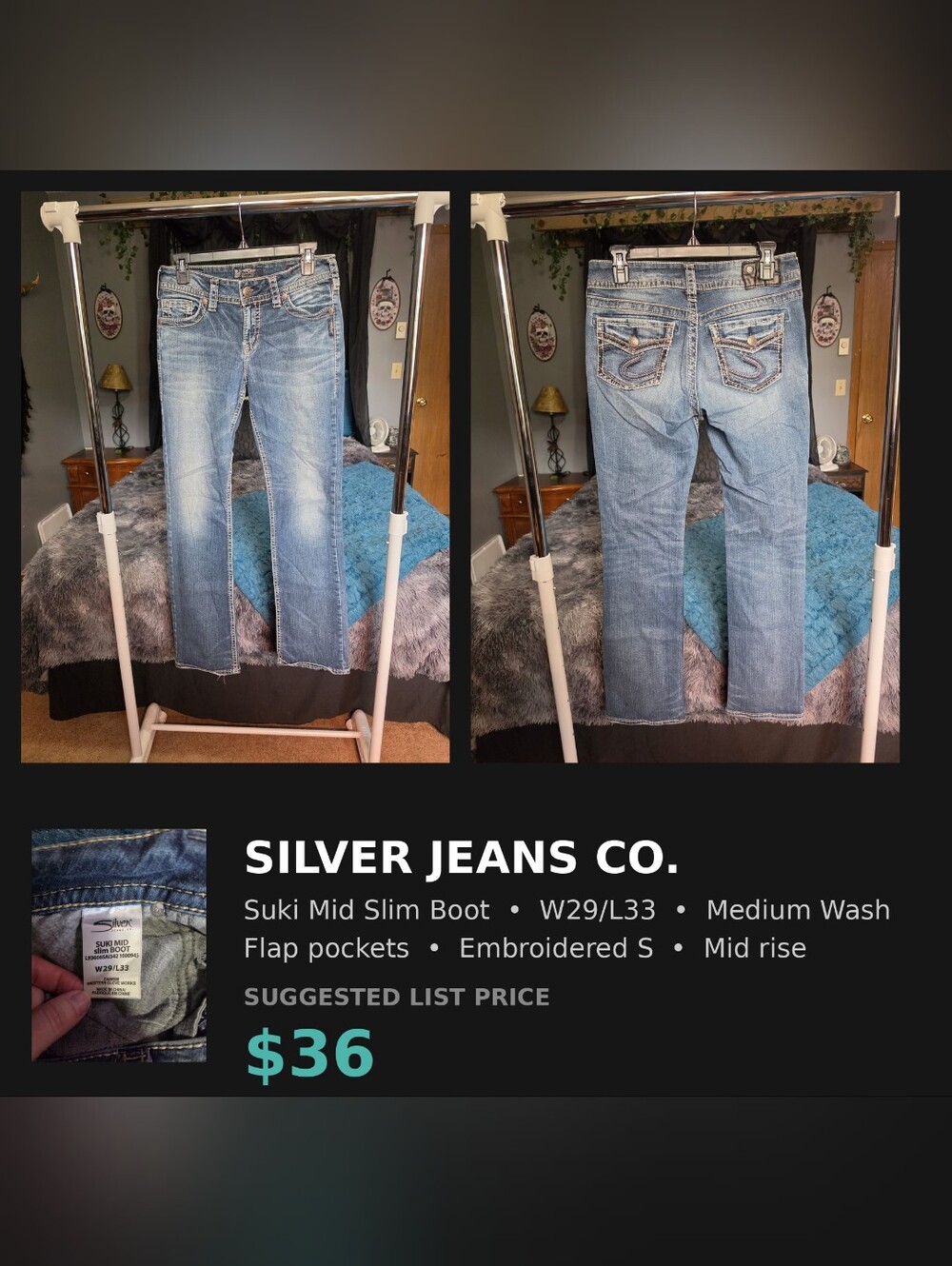Silver Jeans Co Suki Mid Slim Boot W29 L33 Medium Wash Flap Pockets